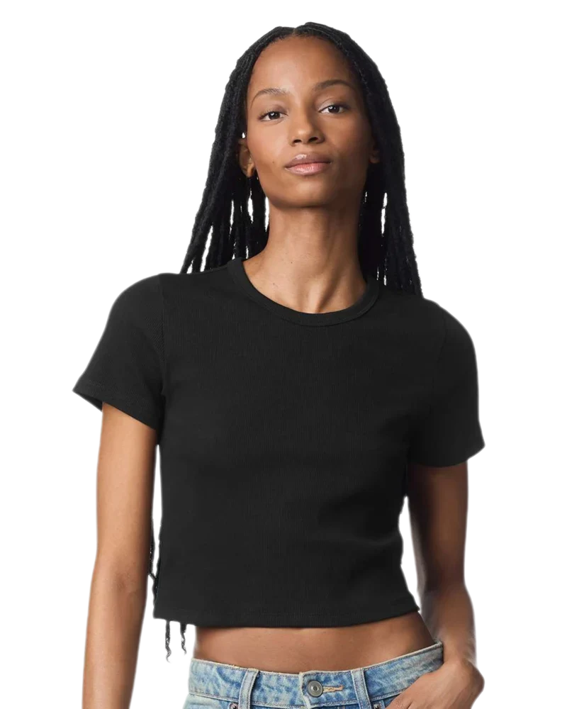 Model wearing Black American Apparel Women's Baby Rib Cropped Tee, front view