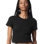 Model wearing Black American Apparel Women's Baby Rib Cropped Tee, front view