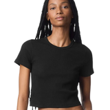 Model wearing Black American Apparel Women's Baby Rib Cropped Tee, front view