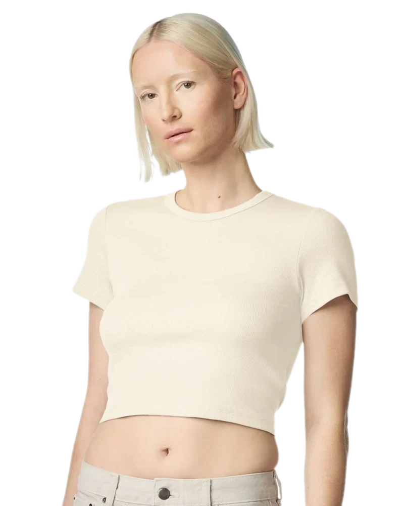 Model wearing Bone American Apparel Women's Baby Rib Cropped Tee, front view