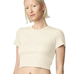 Model wearing Bone American Apparel Women's Baby Rib Cropped Tee, front view