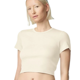 Model wearing Bone American Apparel Women's Baby Rib Cropped Tee, front view