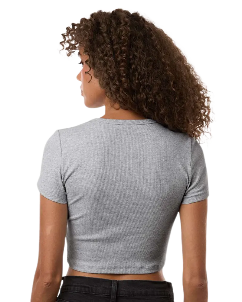 Model wearing Heather Grey American Apparel Women's Baby Rib Cropped Tee, back view