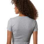 Model wearing Heather Grey American Apparel Women's Baby Rib Cropped Tee, back view