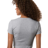 Model wearing Heather Grey American Apparel Women's Baby Rib Cropped Tee, back view