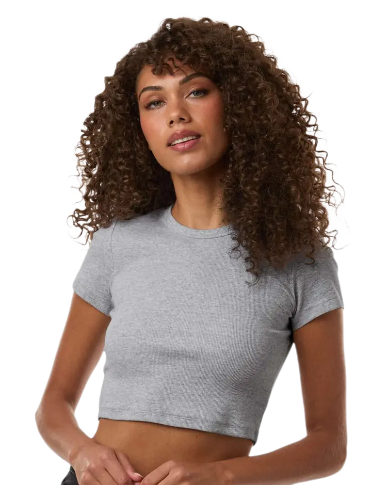 Model wearing Heather Grey American Apparel Women's Baby Rib Cropped Tee, front view