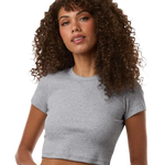 Model wearing Heather Grey American Apparel Women's Baby Rib Cropped Tee, front view