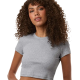Model wearing Heather Grey American Apparel Women's Baby Rib Cropped Tee, front view