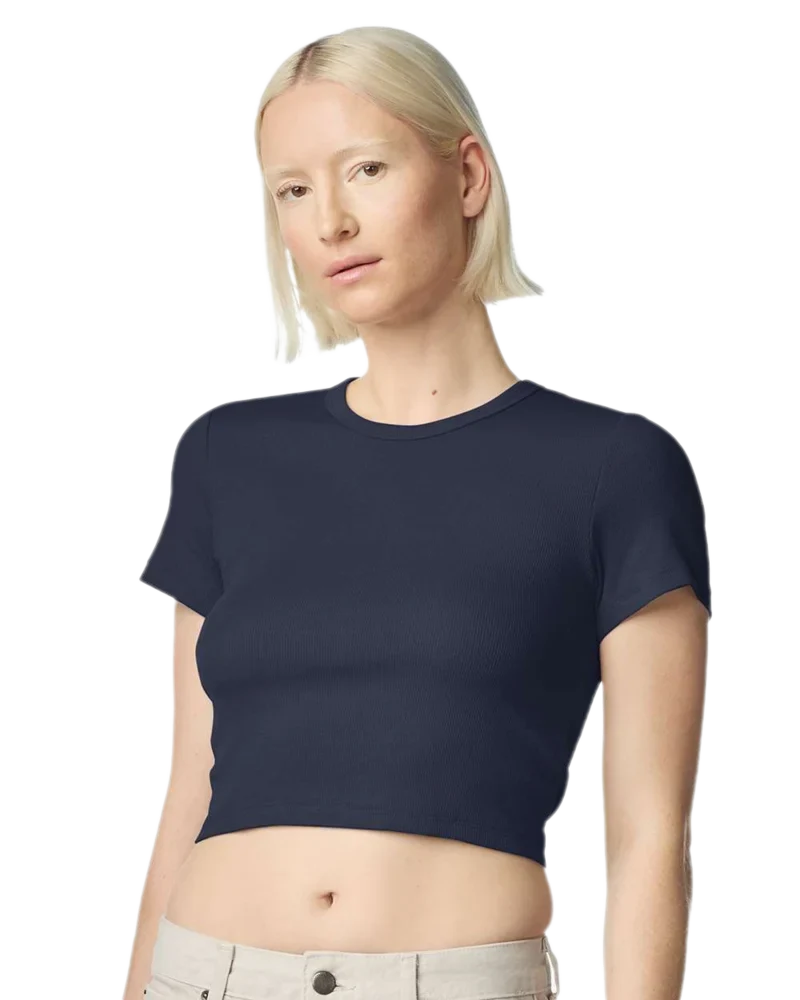 Model wearing Navy American Apparel Women's Baby Rib Cropped Tee, front view