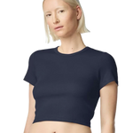 Model wearing Navy American Apparel Women's Baby Rib Cropped Tee, front view