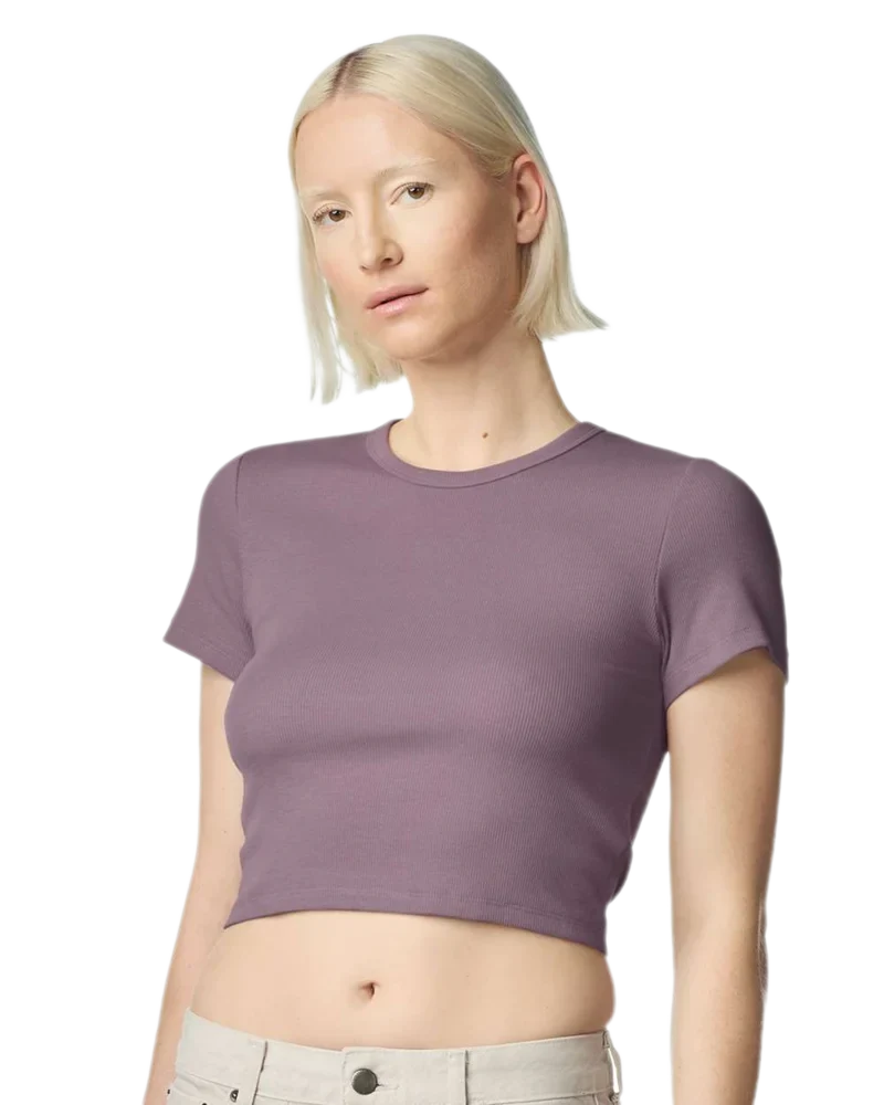 Model wearing Smokey Violet American Apparel Women's Baby Rib Cropped Tee, front view