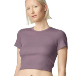 Model wearing Smokey Violet American Apparel Women's Baby Rib Cropped Tee, front view