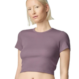Model wearing Smokey Violet American Apparel Women's Baby Rib Cropped Tee, front view