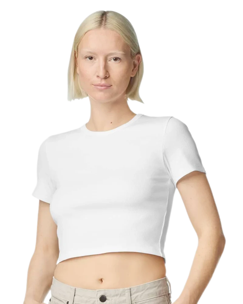 Model wearing White American Apparel Women's Baby Rib Cropped Tee, front view