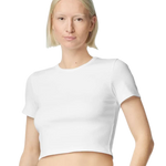 Model wearing White American Apparel Women's Baby Rib Cropped Tee, front view