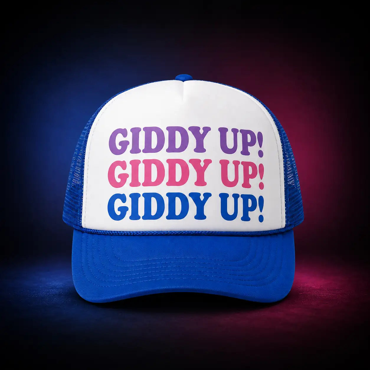 White and royal Valucap VC700 trucker cap with three stacked GIDDY UP! lines in purple, pink, and royal blue