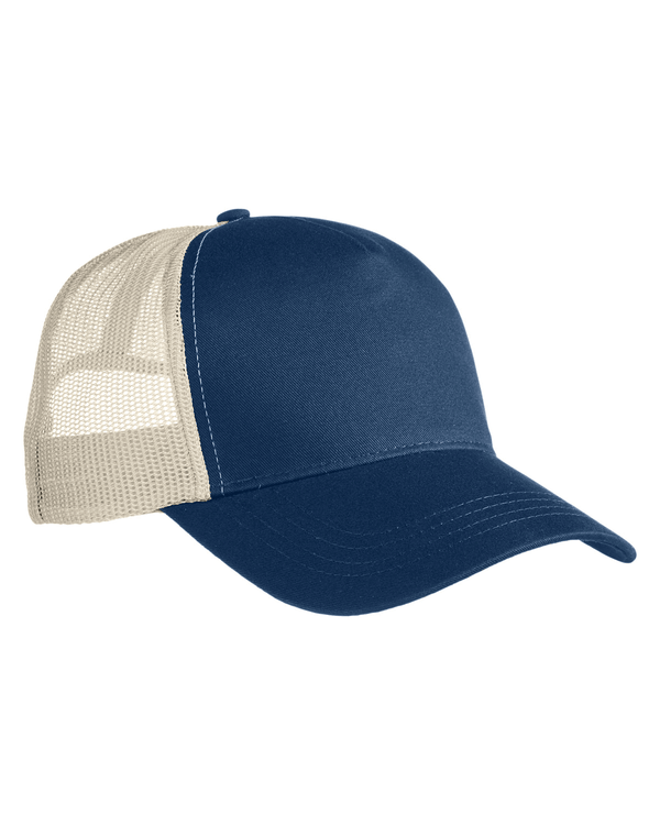 Navy blue trucker hat with tan mesh back and curved visor, great for casual outfits or custom logo printing