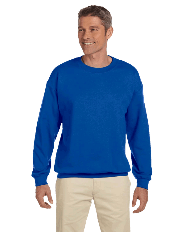 royal blue crewneck fleece sweatshirt on male model, blank pullover ready for custom screen printing
