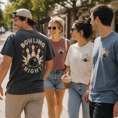 Group of friends wearing custom Bowling Night shirts with back print and small chest logos