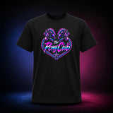 Black classic T-shirt with The Pony Club Remastered pink and blue twin-pony graphic, front view.