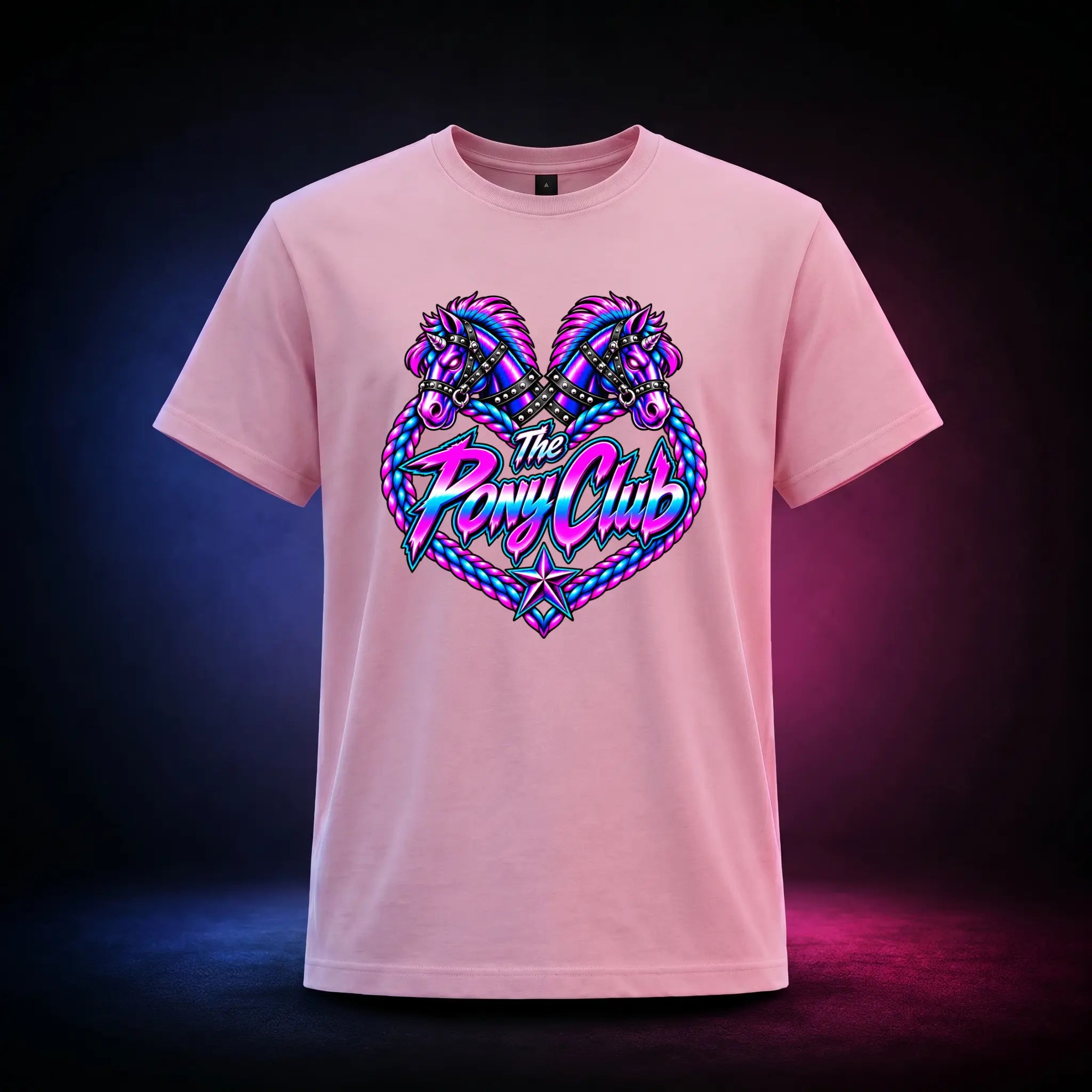Light Pink classic t-shirt with The Pony Club Remastered pink and blue twin-pony graphic, front view.