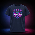 Navy classic t-shirt with The Pony Club Remastered pink and blue twin-pony graphic, front view.