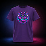 Purple classic t-shirt with The Pony Club Remastered pink and blue twin-pony graphic, front view.