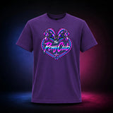 Purple classic t-shirt with The Pony Club Remastered pink and blue twin-pony graphic, front view.