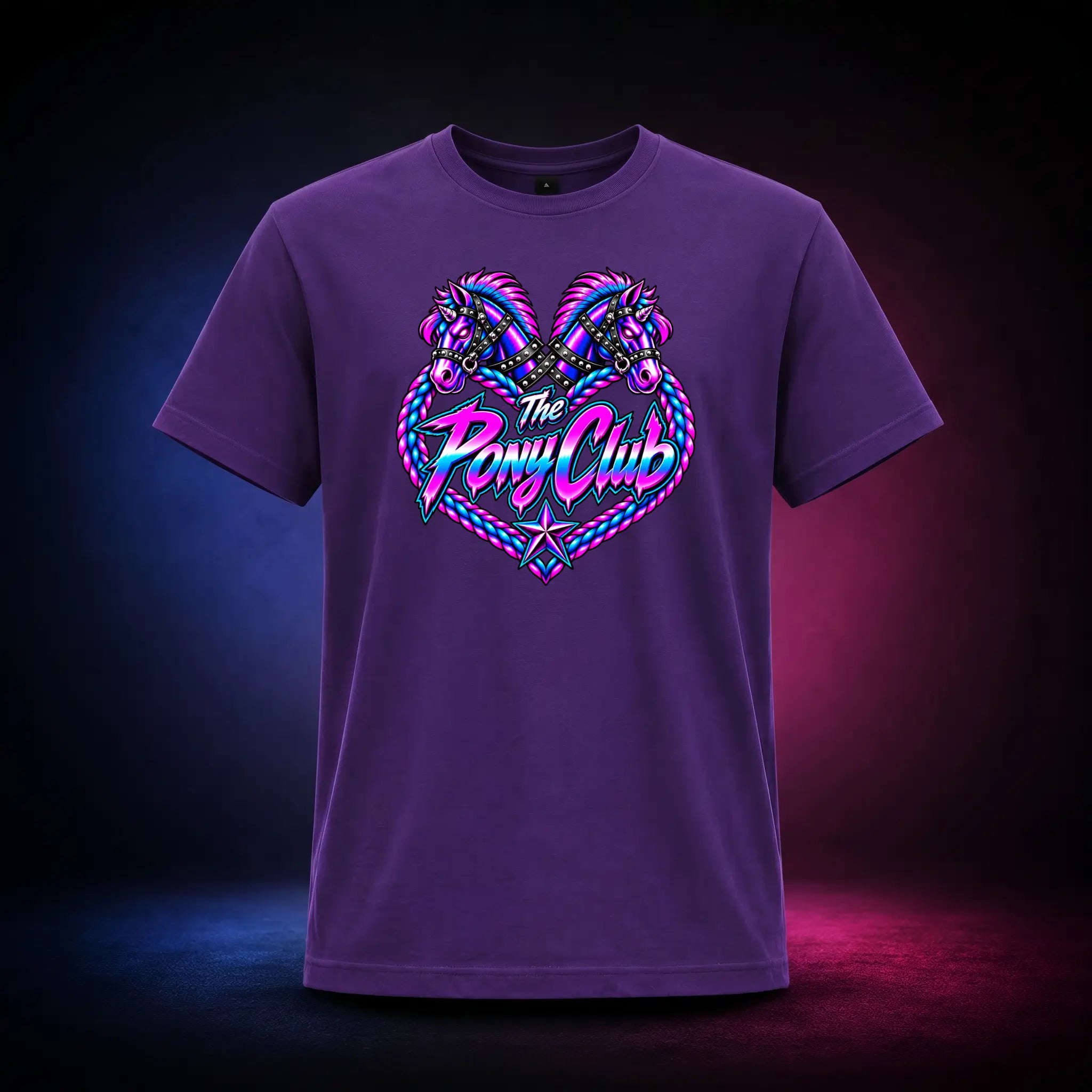 Purple classic t-shirt with The Pony Club Remastered pink and blue twin-pony graphic, front view.