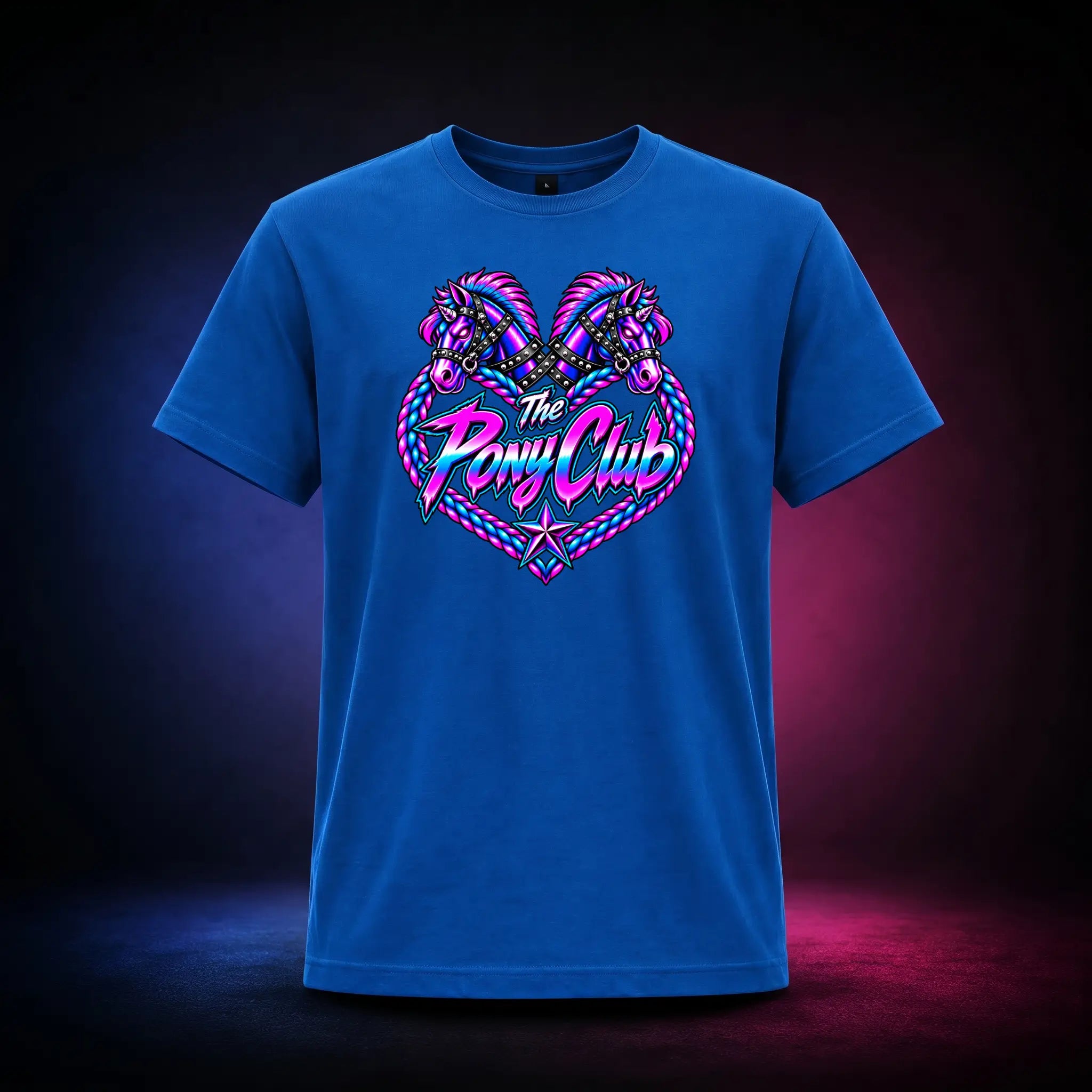 Royal classic t-shirt with The Pony Club Remastered pink and blue twin-pony graphic, front view.