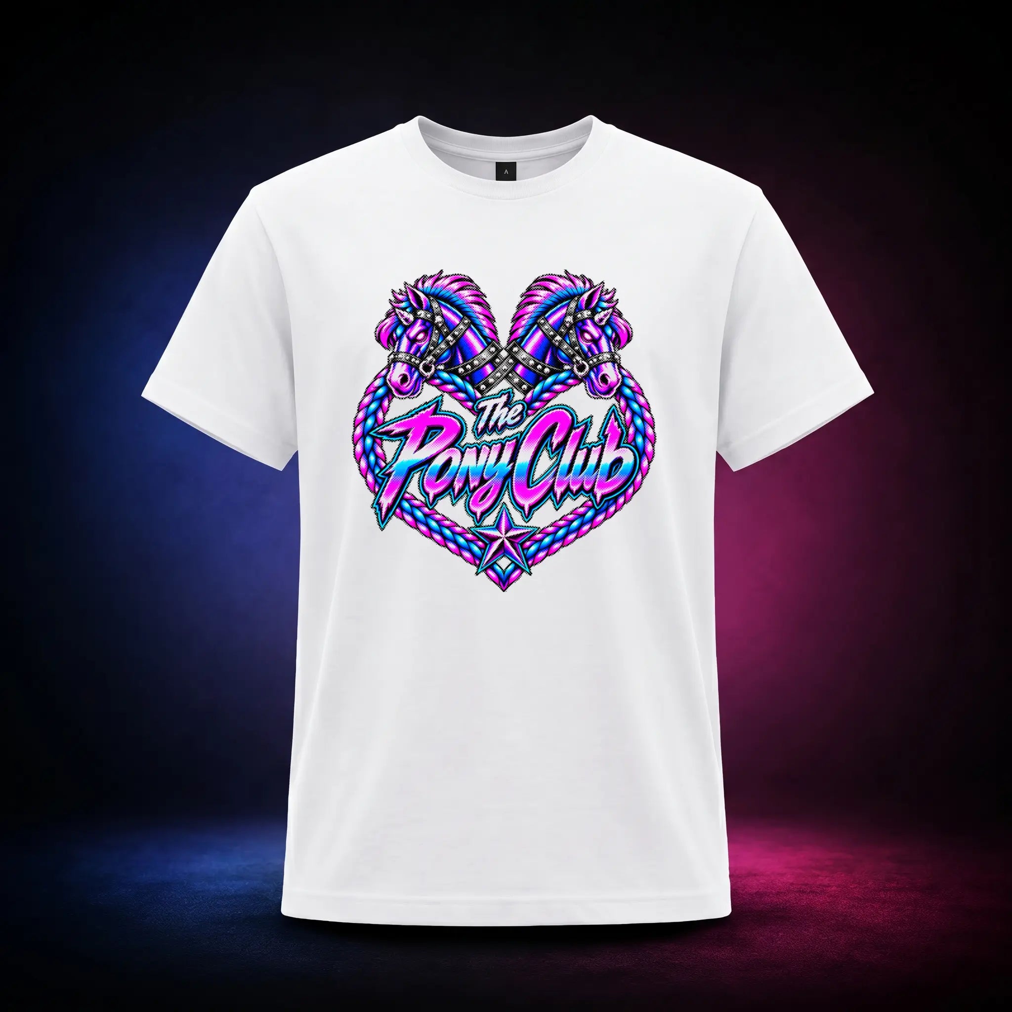 White classic t-shirt with The Pony Club Remastered pink and blue twin-pony graphic, front view.