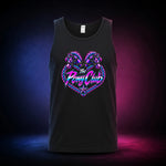 Black classic tank top with The Pony Club Remastered pink and blue twin-pony graphic, front view.