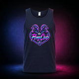 Navy classic tank top with The Pony Club Remastered pink and blue twin-pony graphic, front view.