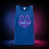 Royal classic tank top with The Pony Club Remastered pink and blue twin-pony graphic, front view.