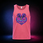 Safety Pink classic tank top with The Pony Club Remastered pink and blue twin-pony graphic, front view.