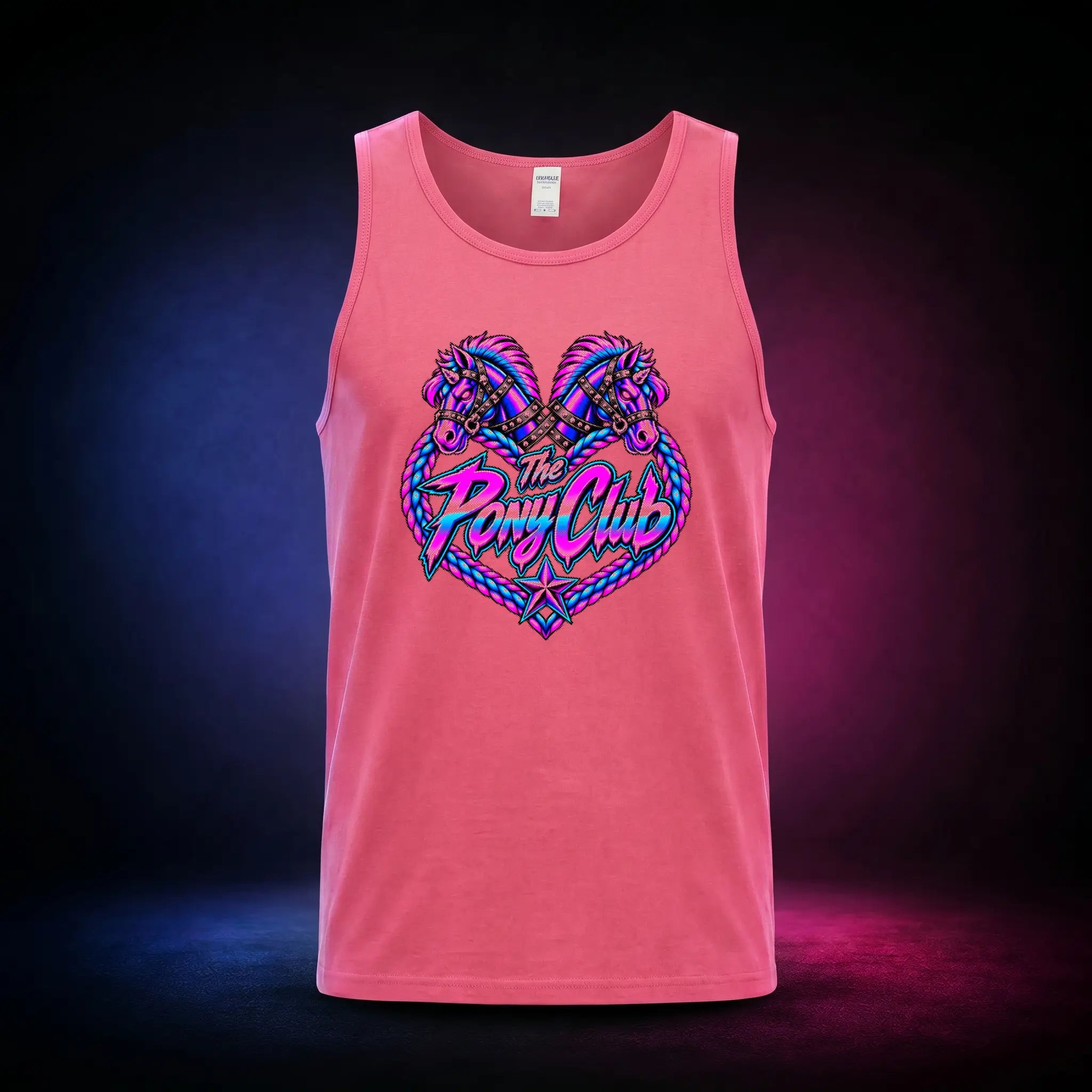 Safety Pink classic tank top with The Pony Club Remastered pink and blue twin-pony graphic, front view.
