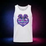 White classic tank top with The Pony Club Remastered pink and blue twin-pony graphic, front view.