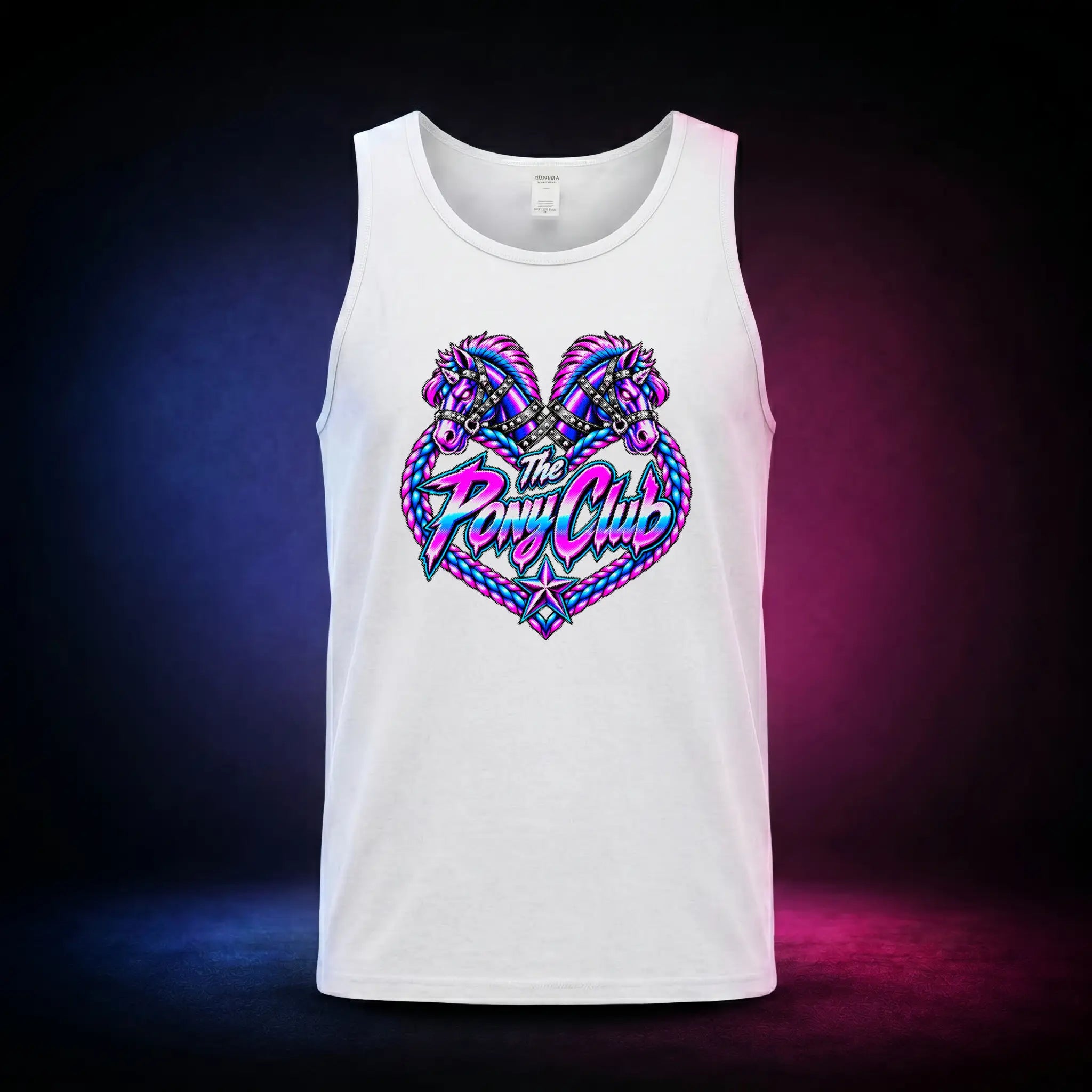 White classic tank top with The Pony Club Remastered pink and blue twin-pony graphic, front view.