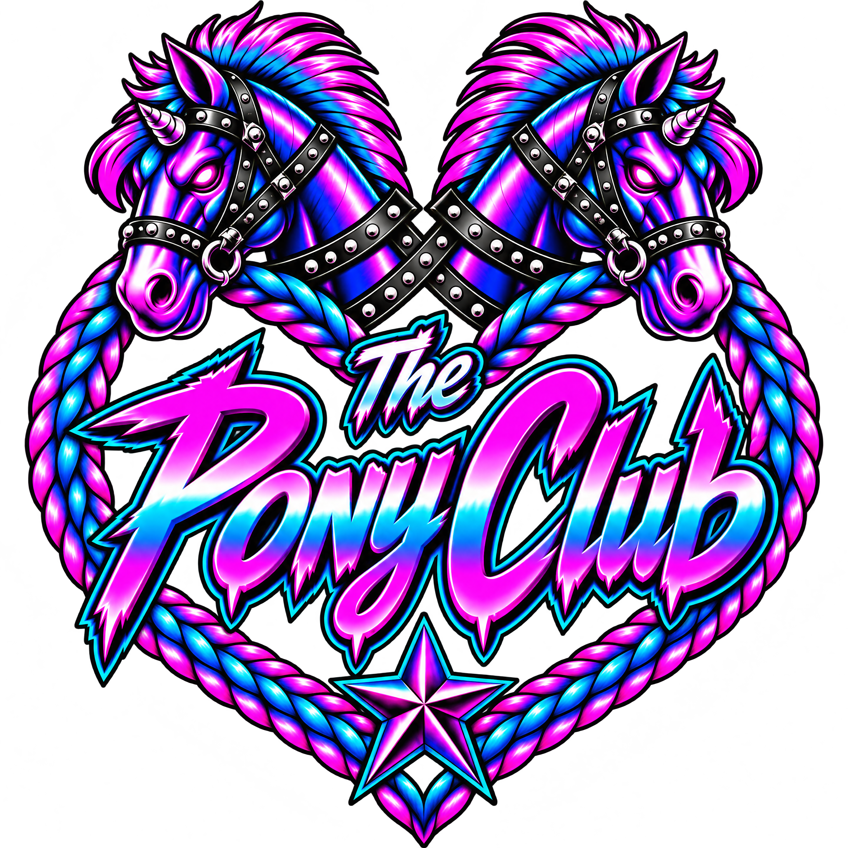 The Pony Club Remastered emblem with mirrored pink and blue ponies, studded bridles, braided heart and star.