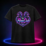 Black premium t-shirt with The Pony Club Remastered pink and blue twin-pony graphic, front view.