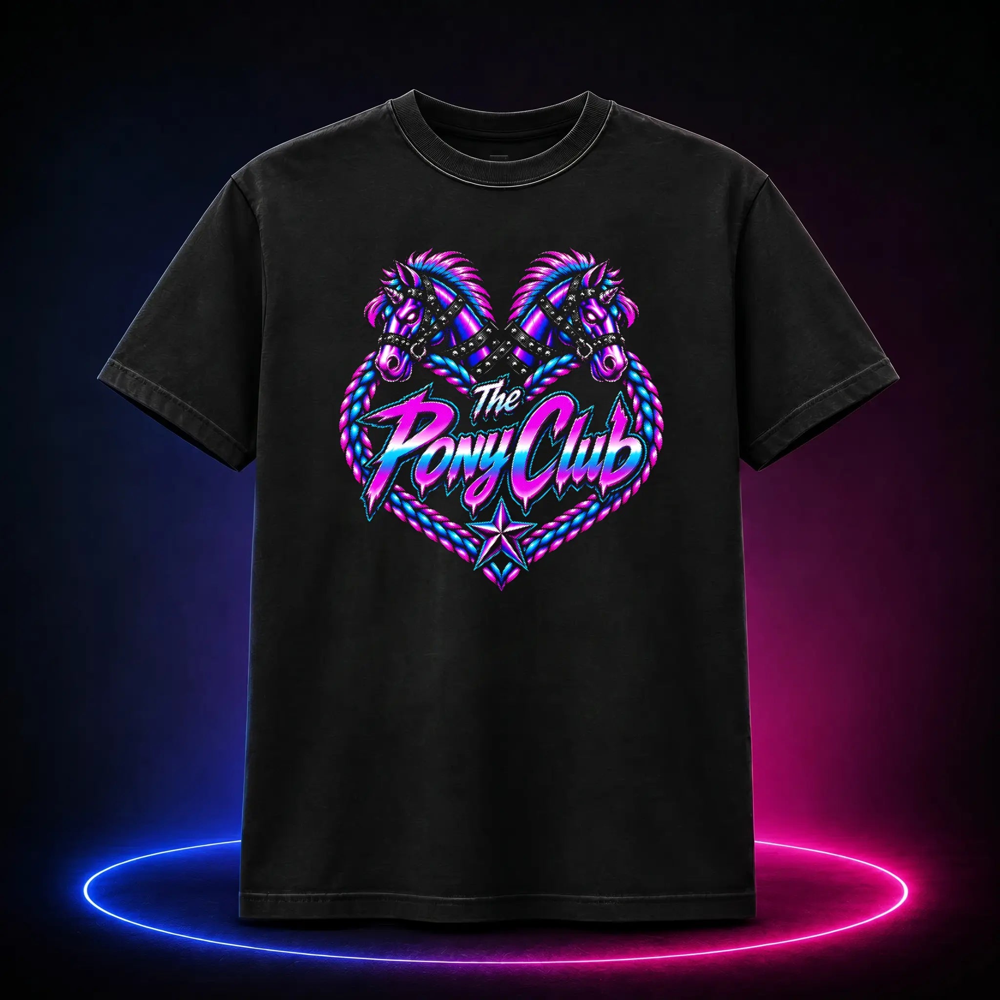 Black premium t-shirt with The Pony Club Remastered pink and blue twin-pony graphic, front view.