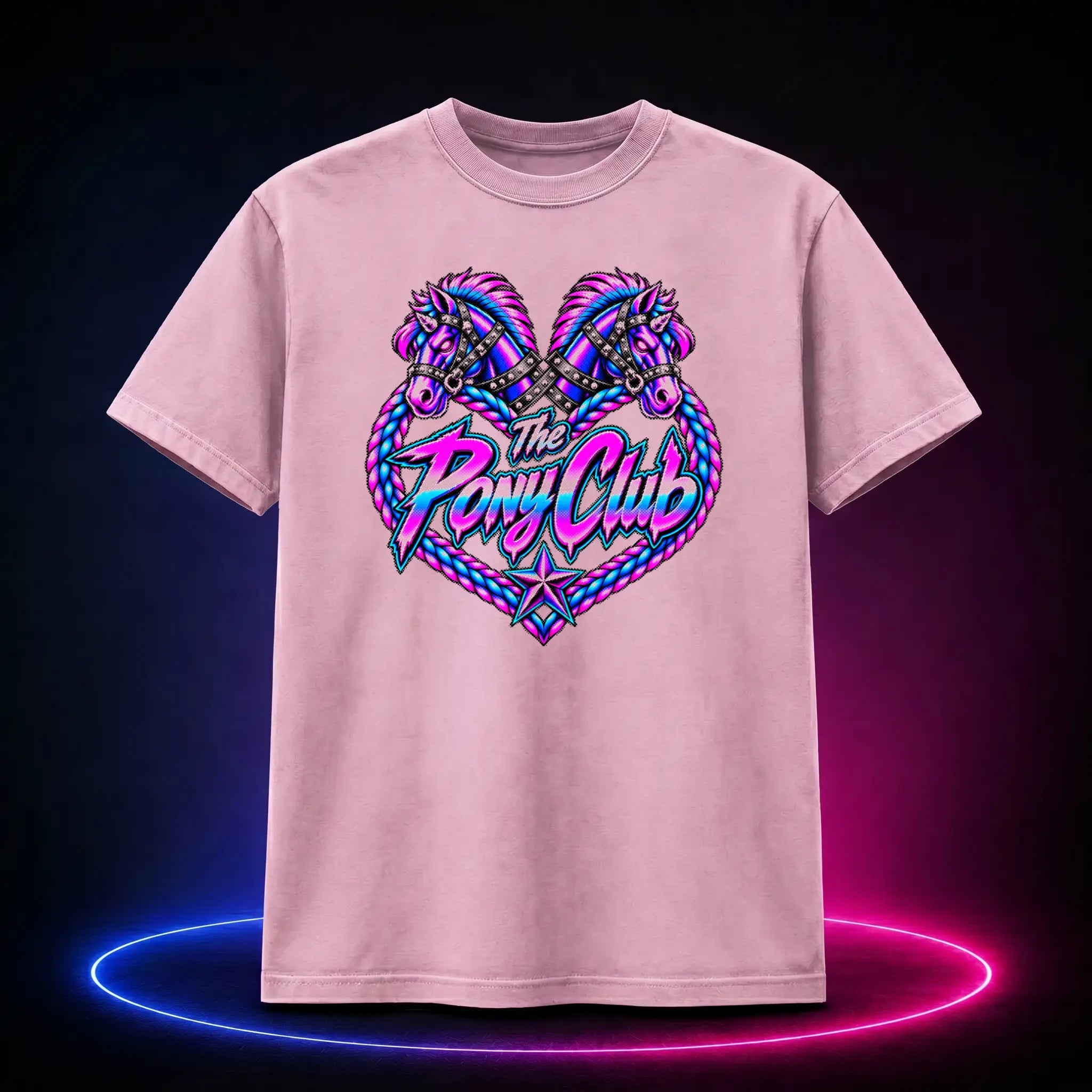 Blossom premium t-shirt with The Pony Club Remastered pink and blue twin-pony graphic, front view.