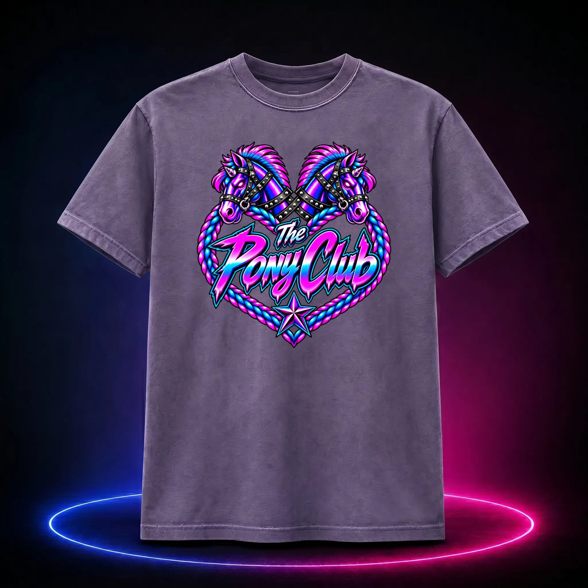 Grape premium t-shirt with The Pony Club Remastered pink and blue twin-pony graphic, front view.