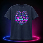 Midnight premium t-shirt with The Pony Club Remastered pink and blue twin-pony graphic, front view.