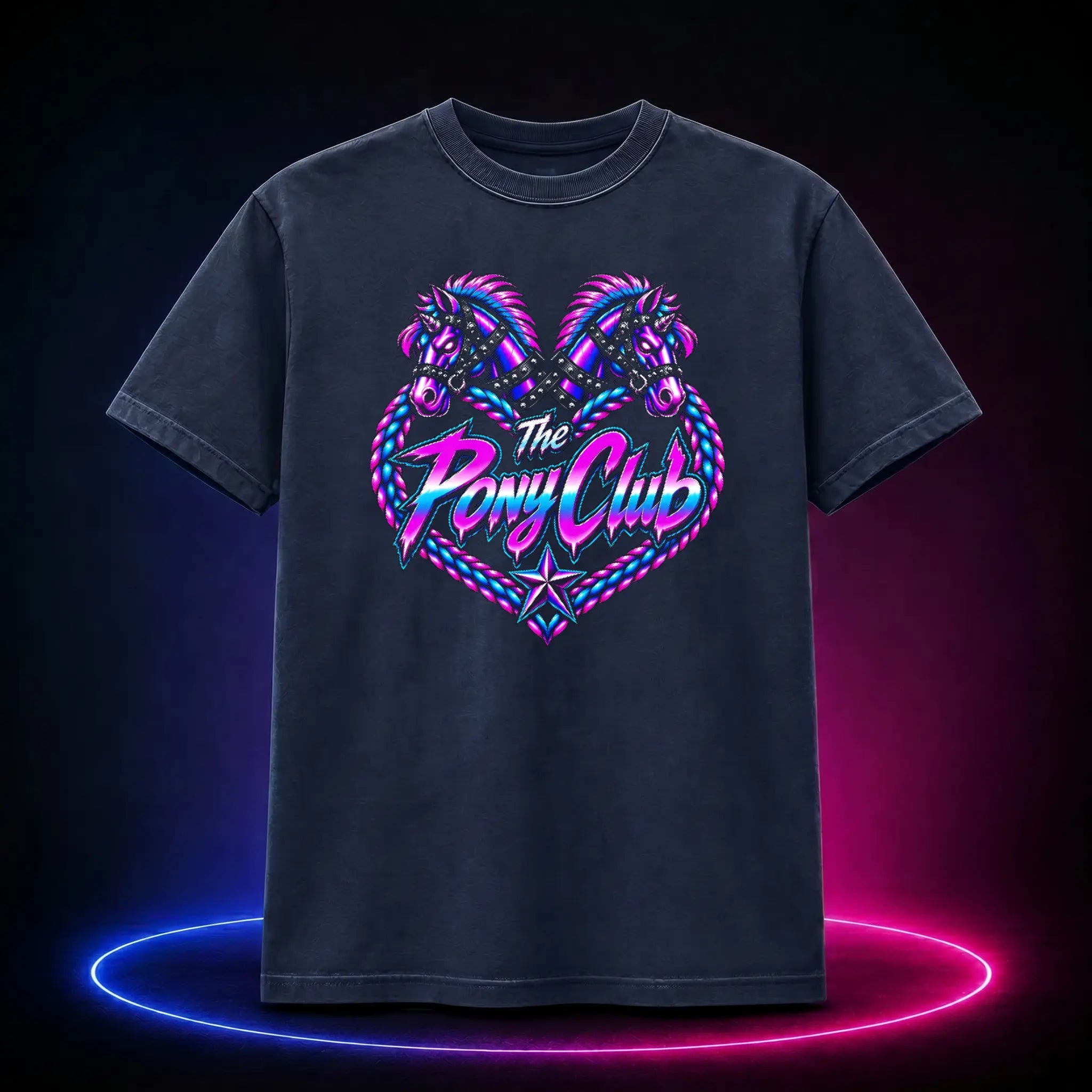 Midnight premium t-shirt with The Pony Club Remastered pink and blue twin-pony graphic, front view.