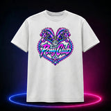 White premium t-shirt with The Pony Club Remastered pink and blue twin-pony graphic, front view.