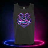 Black premium tank top with The Pony Club Remastered pink and blue twin-pony graphic, front view.