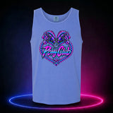 Flo Blue premium tank top with The Pony Club Remastered pink and blue twin-pony graphic, front view.