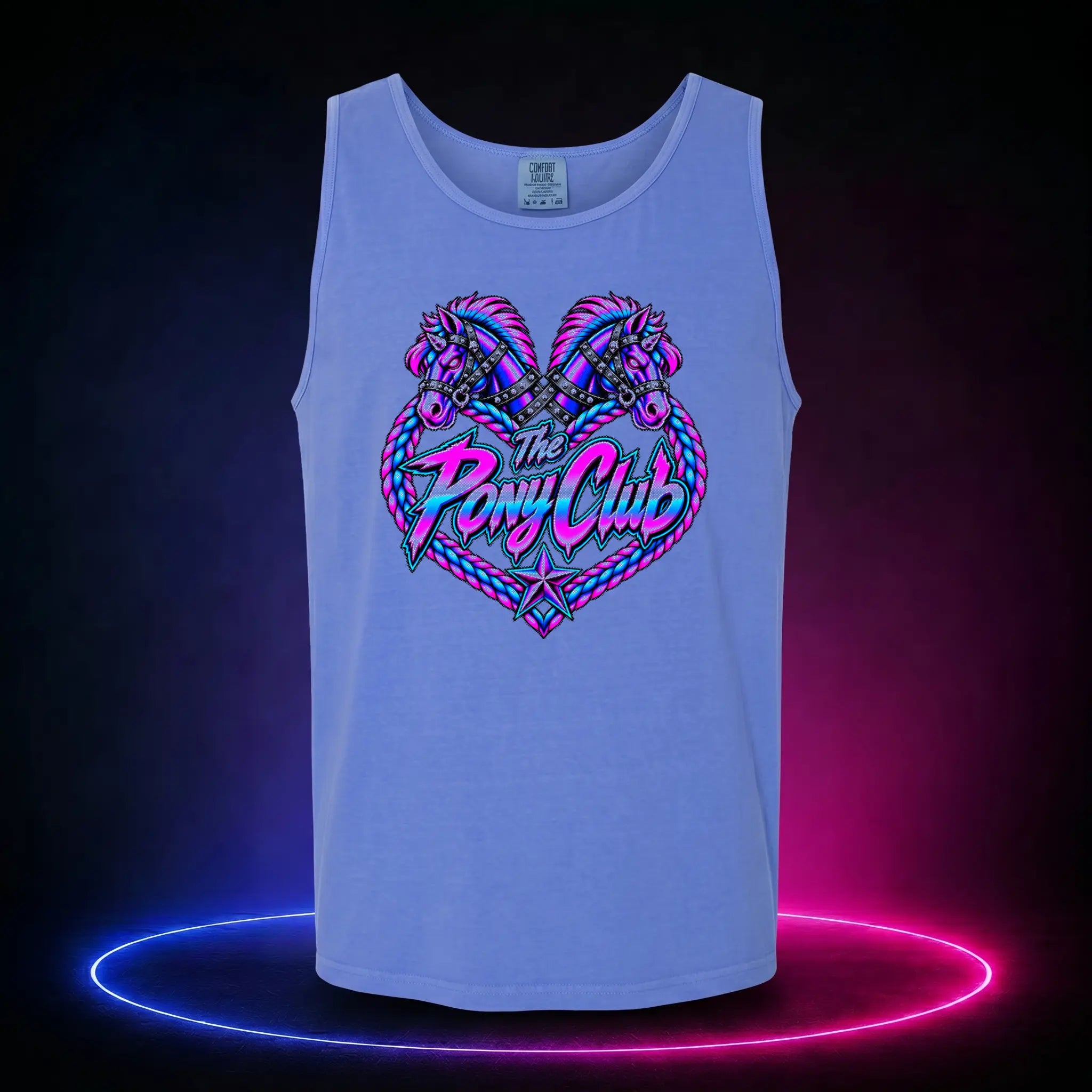 Flo Blue premium tank top with The Pony Club Remastered pink and blue twin-pony graphic, front view.