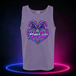 Grape premium tank top with The Pony Club Remastered pink and blue twin-pony graphic, front view.